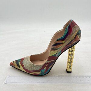 FSJ Beige print Gold Metal Chain Chunky High Heel Pointed Toe Prom Pumps